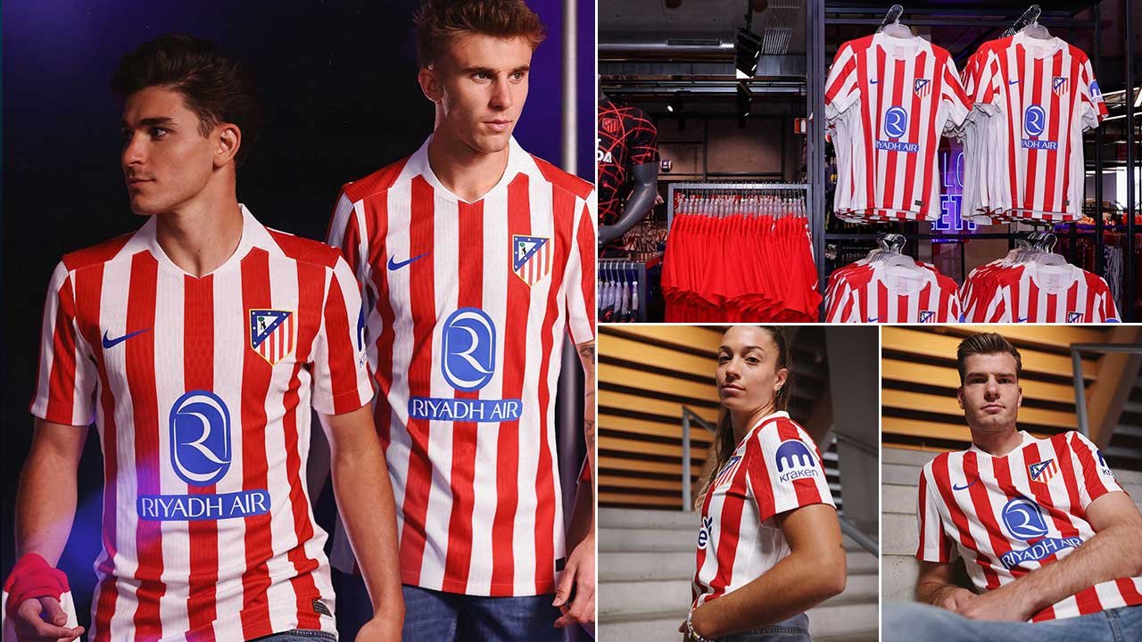 Atlético Madrid 2025/26 Nike Home Kit – Red and white striped jersey with retro white collar