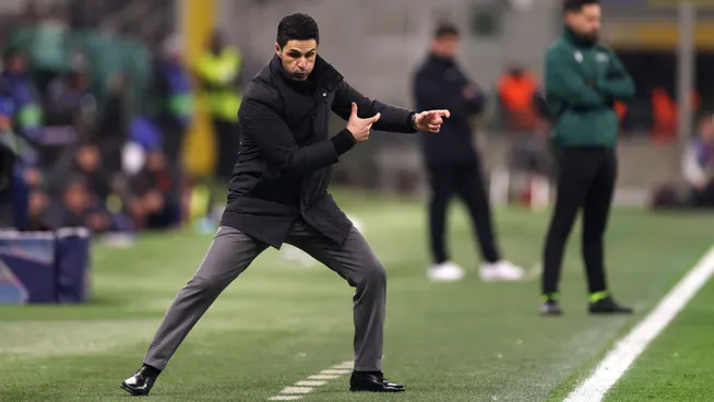Mikel Arteta gestures during the Champions League match