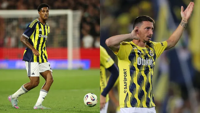 Jayden Oosterwolde and Mert Hakan Yandas in action for Fenerbahçe. Photo: Dean Mouhtaropoulos/Ahmad Mora/Getty Images
