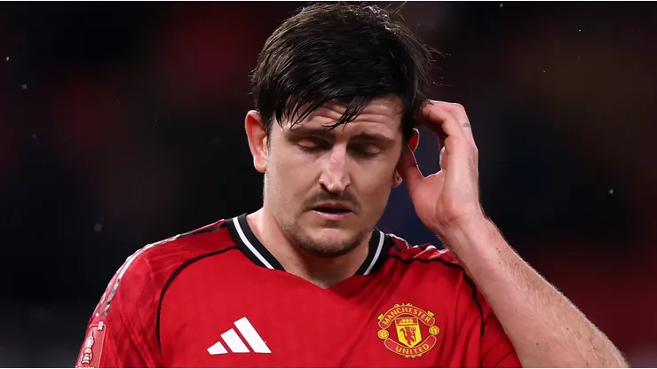 Harry Maguire laments during a play for Manchester United. (Photo by Carl Recine/Getty Images)