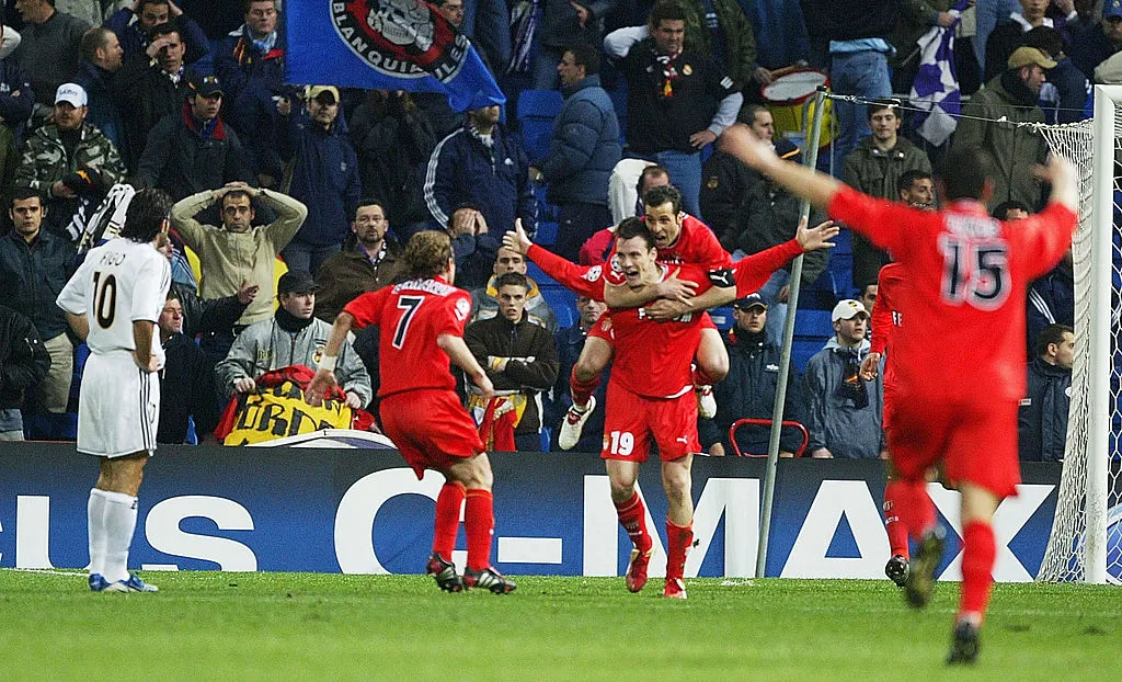 Sébastien Squillaci of Monaco celebrates his goal during the UEFA Champions League quarter-final match between Real Madrid and Monaco at the Santiago Bernabéu on March 24, 2004, in Madrid, Spain