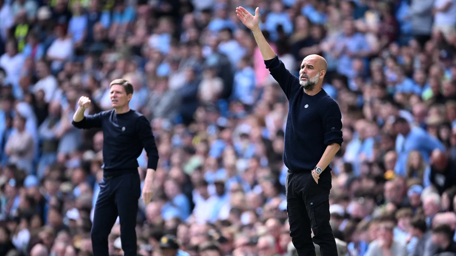 Manchester City's Guardiola alongside Crystal Palace's Oliver Glasner