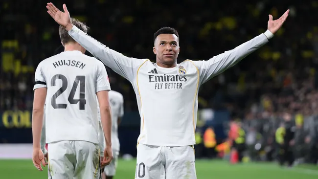 Mbappe celebrates a goal during a LaLiga match