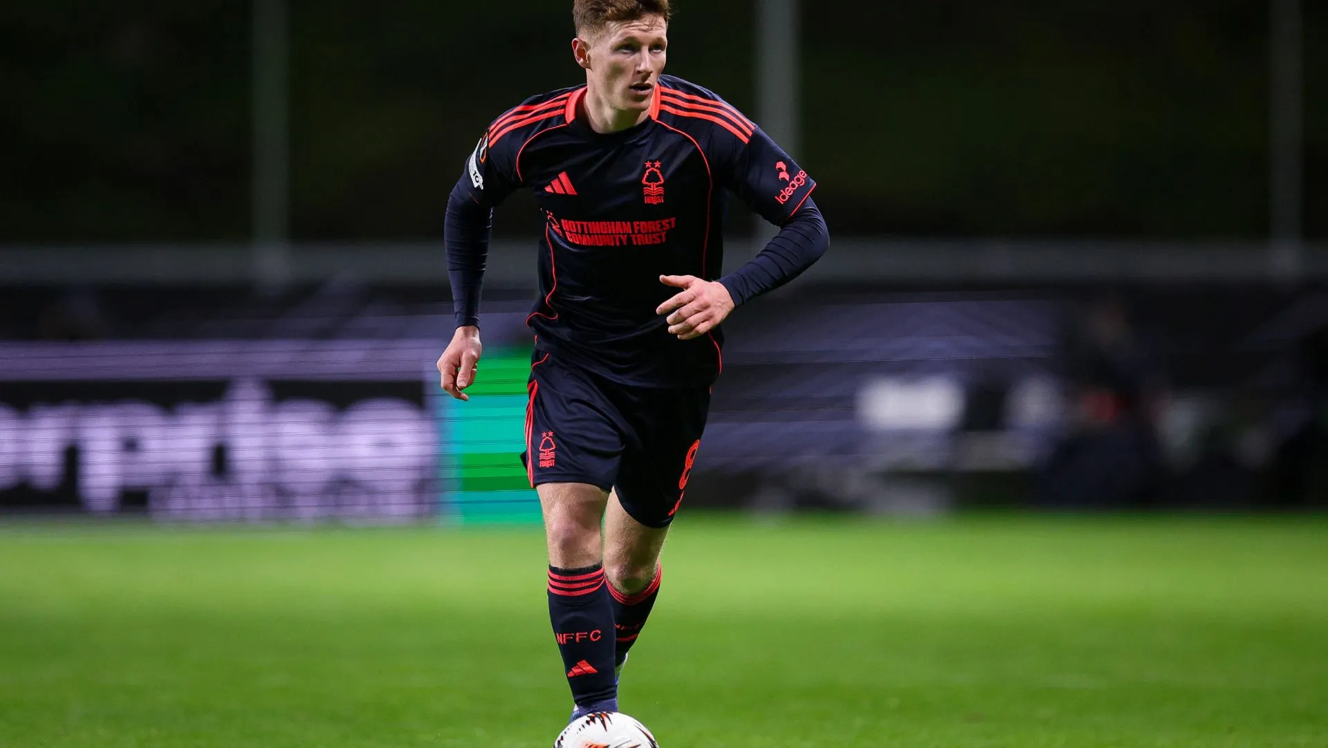 Elliot Anderson of Nottingham Forest controls the ball during a Europa League match